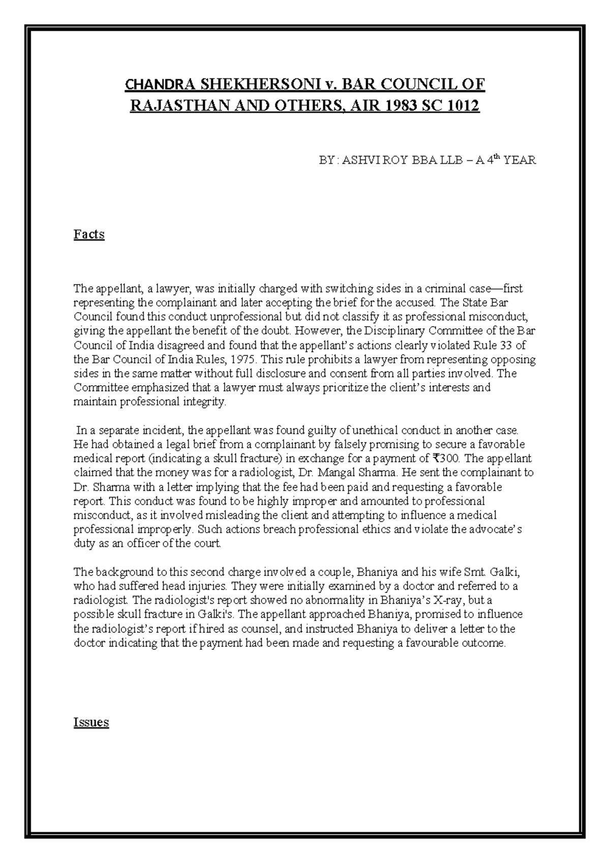 CHANDRA SHEKHARSONI v. BAR COUNCIL OF RAJASTHAN: Professional Misconduct - Document Preview