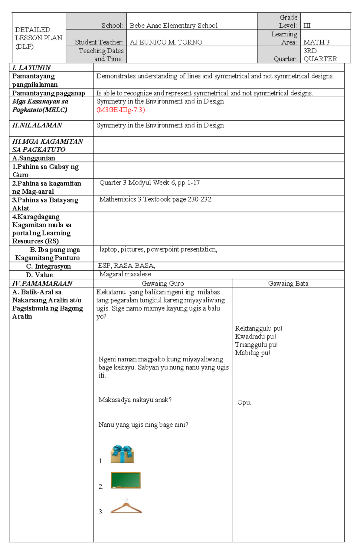 DLP MATH 3 Lesson Plan on Symmetry Concepts for 3rd Quarter - Studocu