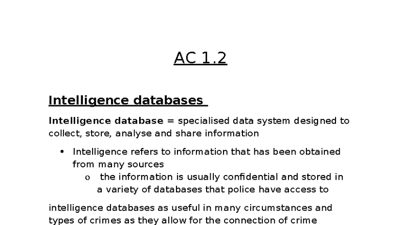 AC1.2 notes - AC 1. Intelligence databases Intelligence database ...