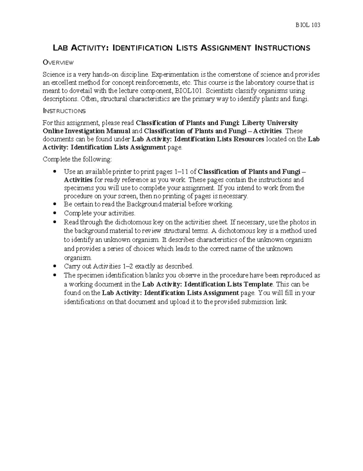 BIOL 103 Lab Activity: Identification Lists Assignment Instructions ...