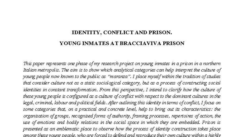 Identity and Conflict: Young Inmates at Bracciaviva Prison Study - Studocu