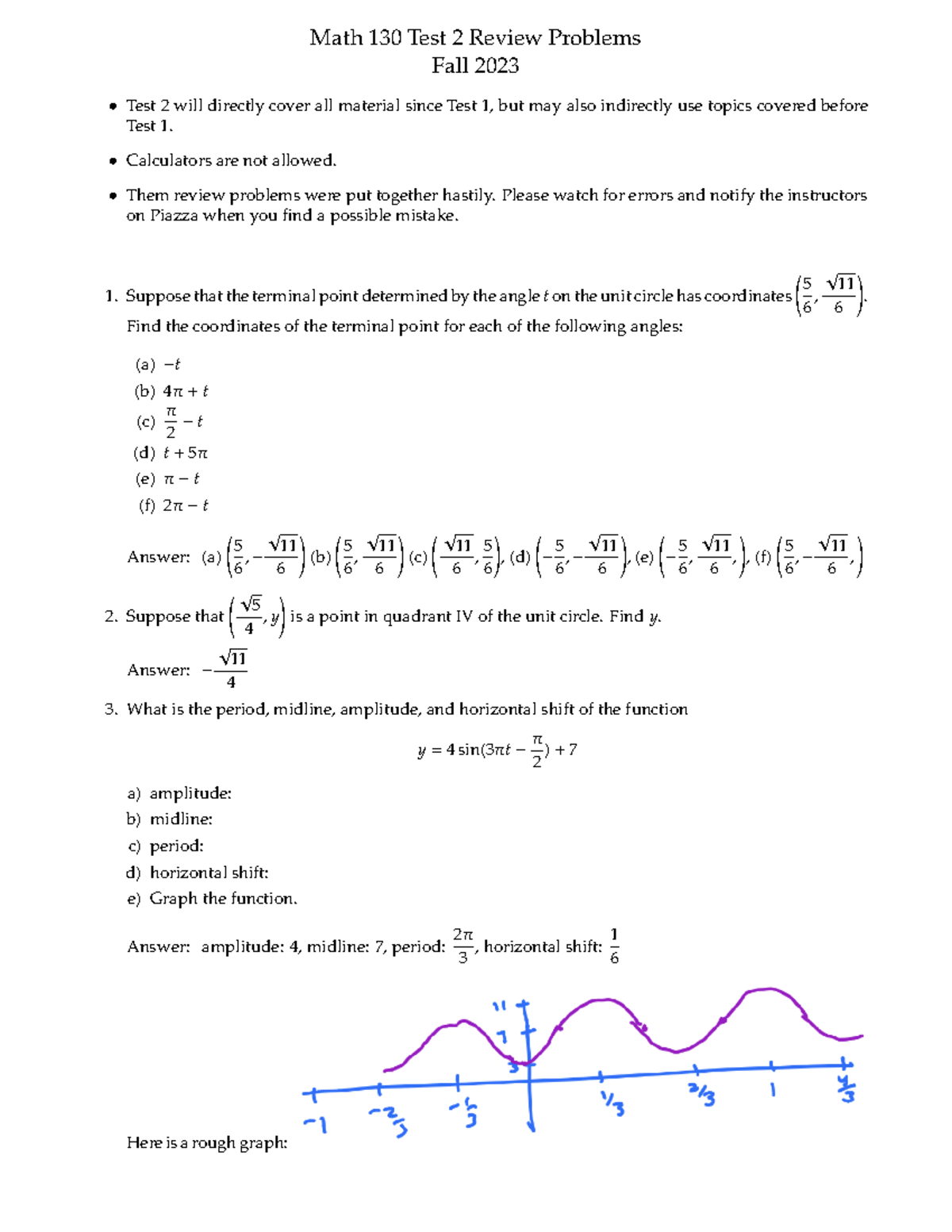 Math 130 Fall 2023 Test 2 Review Problems & Solutions - Studocu