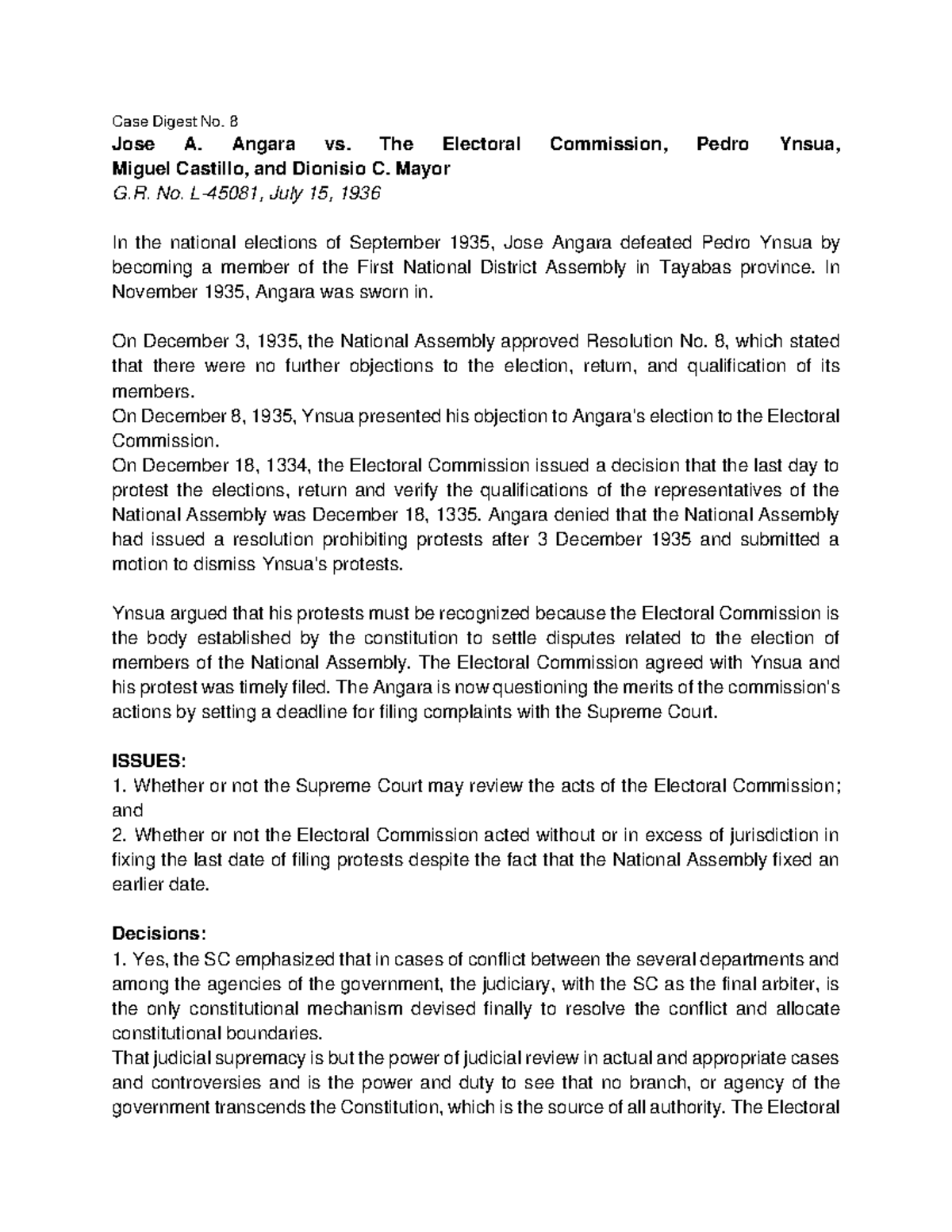 Consti 1 Digests - Case Digest No. 8 Jose A. Angara vs. The Electoral ...