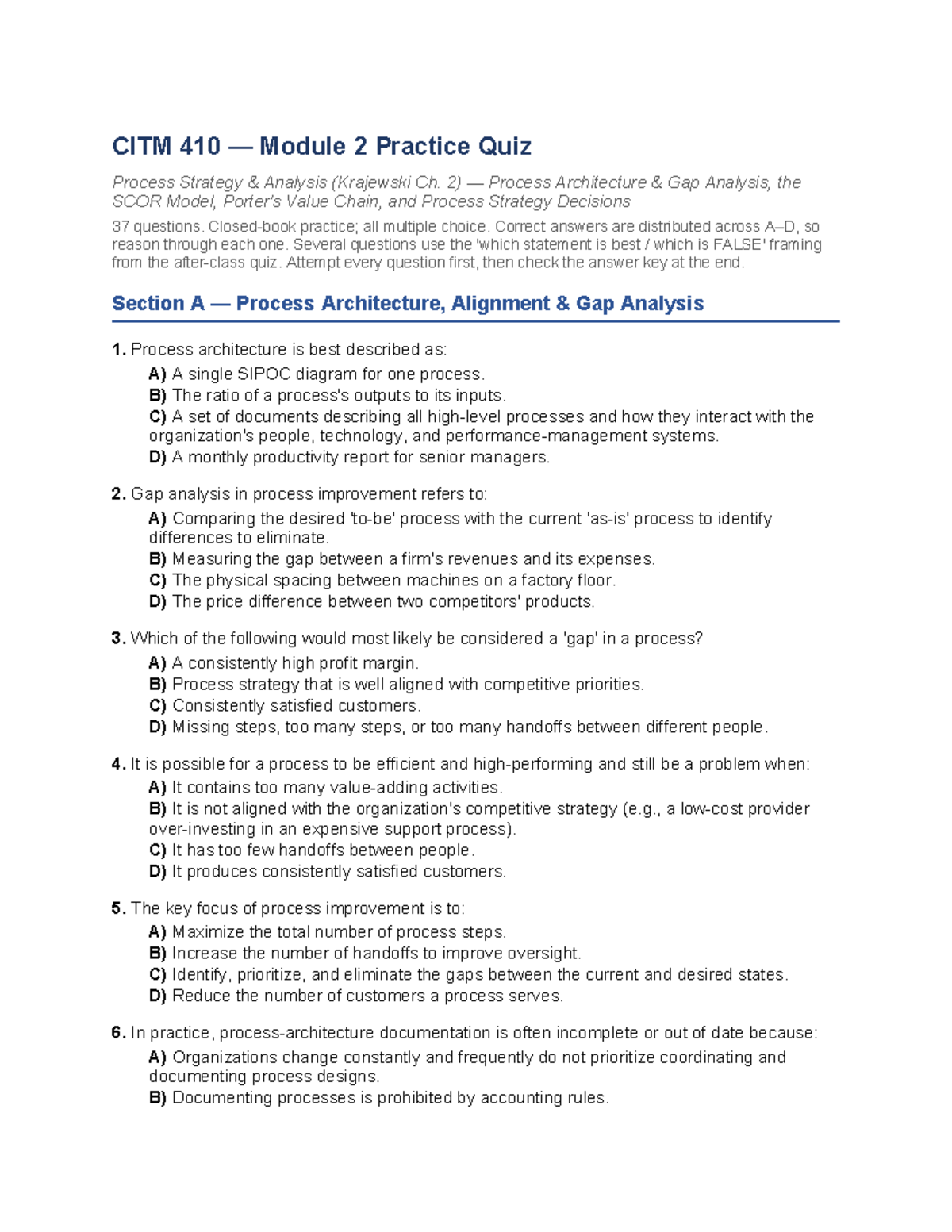 CITM 410 Module 2 Practice Quiz: Process Strategy & SCOR Model Insights ...