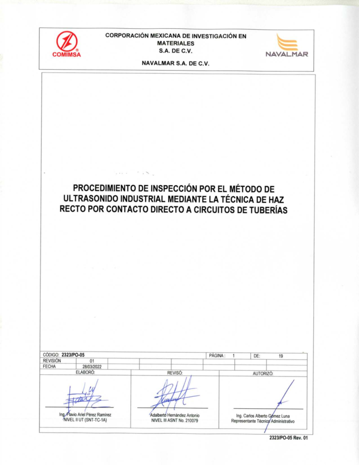 2323-PO-05 Procedimiento de Inspección Ultrasónica en Tuberías - Document Preview
