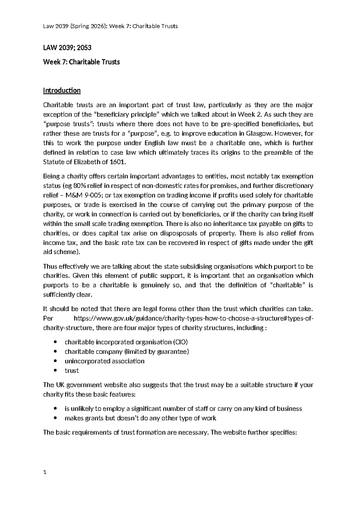 Law 2039 (Spring 2026): Week 7 Lecture Notes on Charitable Trusts - Studocu