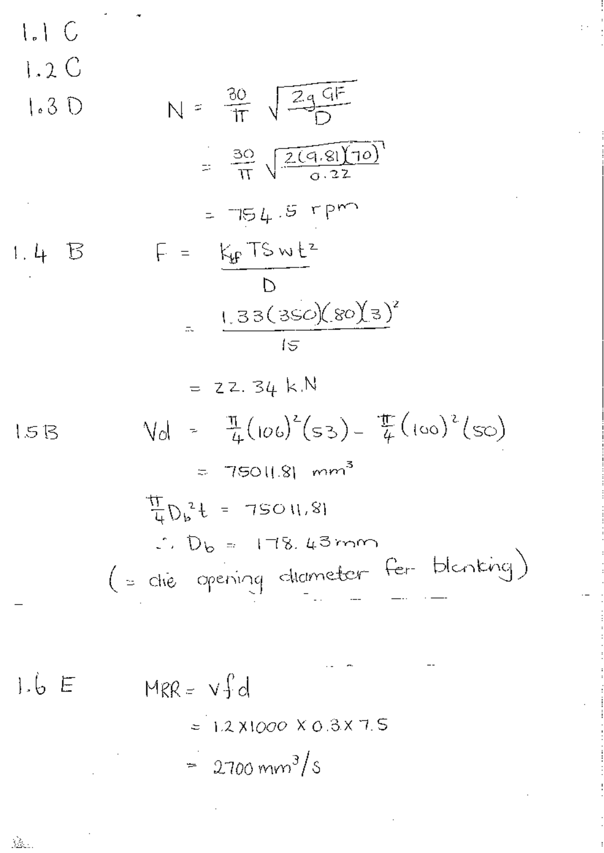 Manufacturing Exam Memo 2013: Key Calculations and Formulas - Studocu