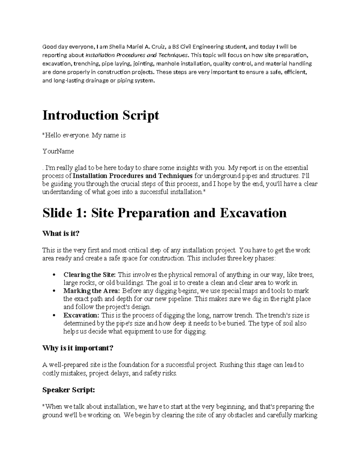 Installation Procedures and Techniques for Underground Pipes (CE 101 ...