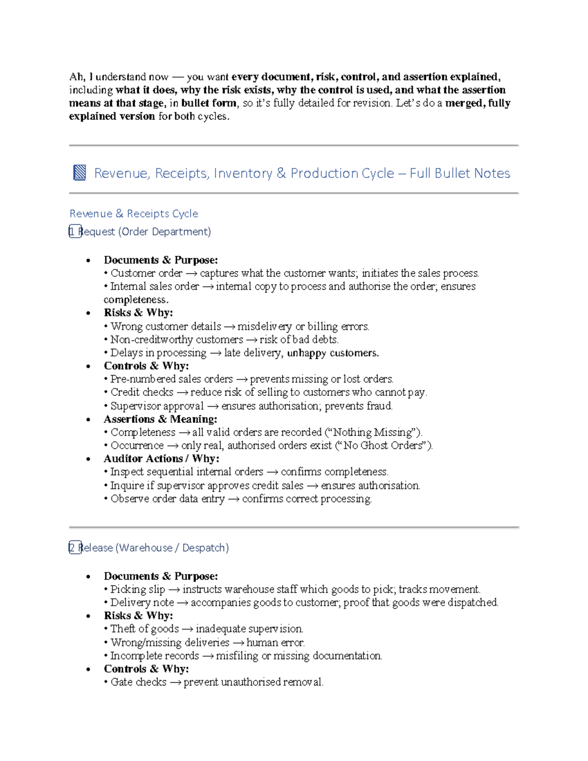 Revenue and Inventory Production Cycle: Detailed Bullet Notes Summary ...