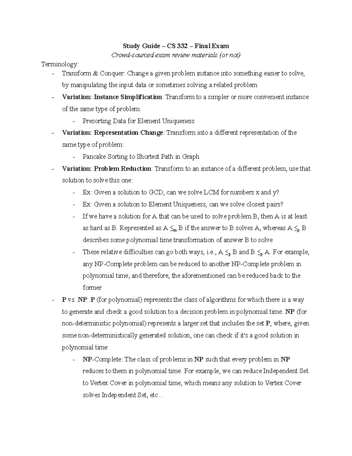 Study Guide – CS 332 – Final Exam - Studocu