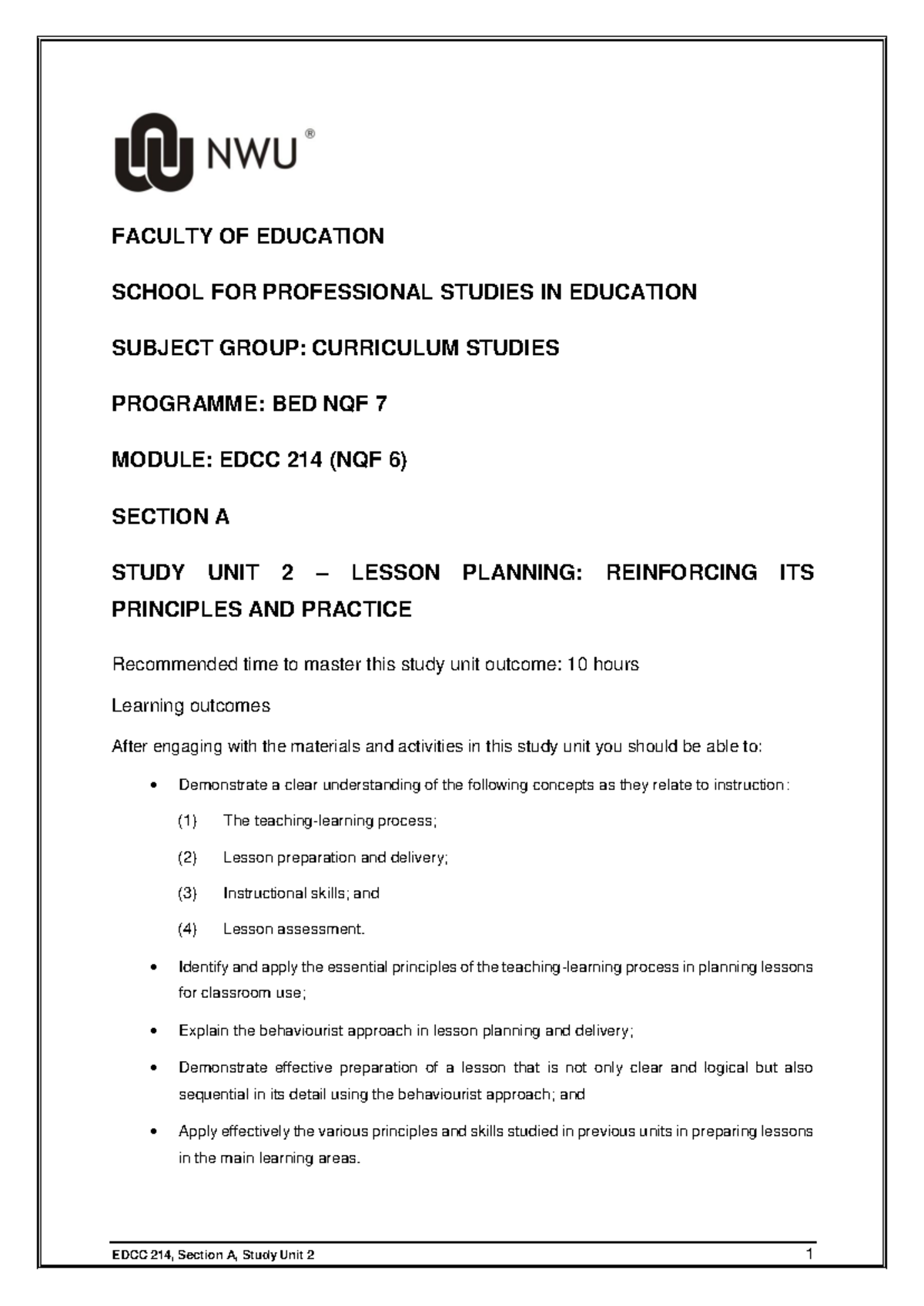 EDCC 214 - Study Unit 2: Effective Lesson Planning Principles - Studocu