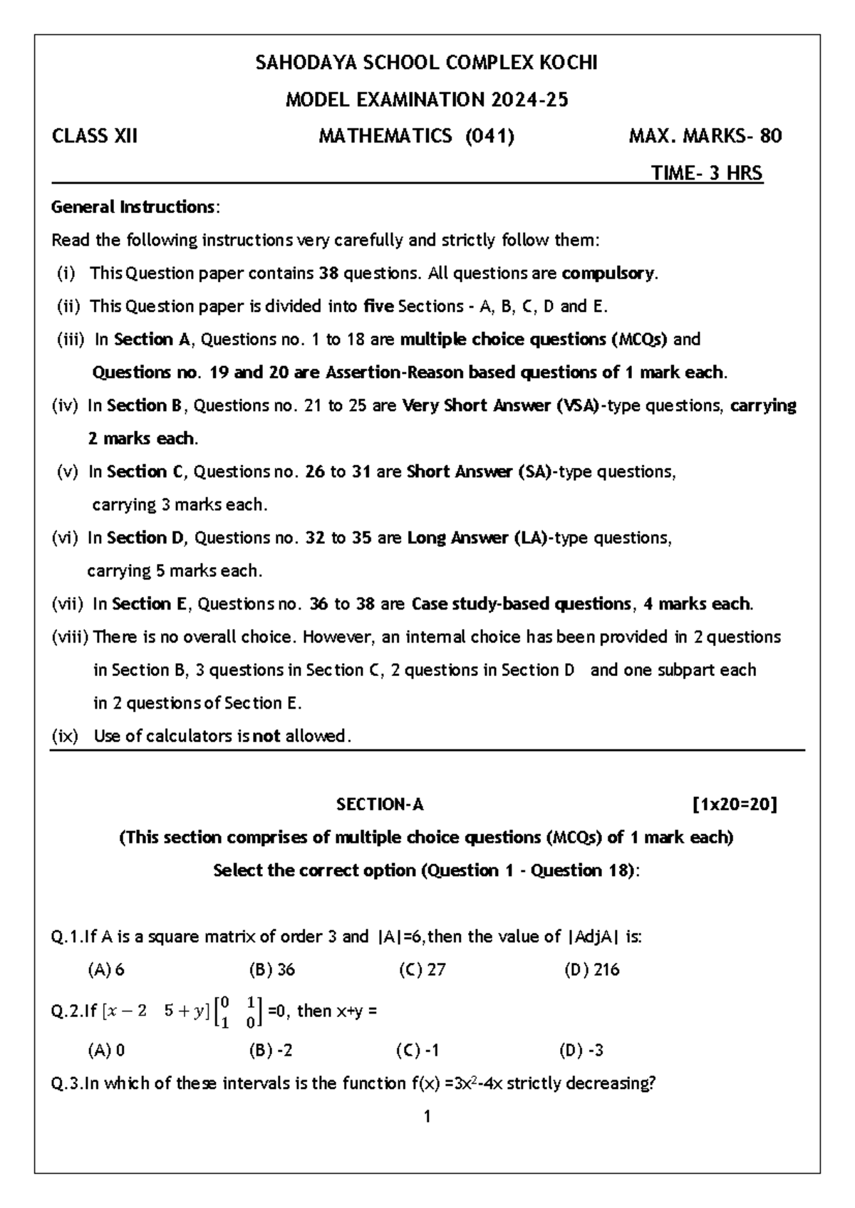 Class XII Mathematics (041) Model Exam Paper - Sahodaya 2024 - Studocu