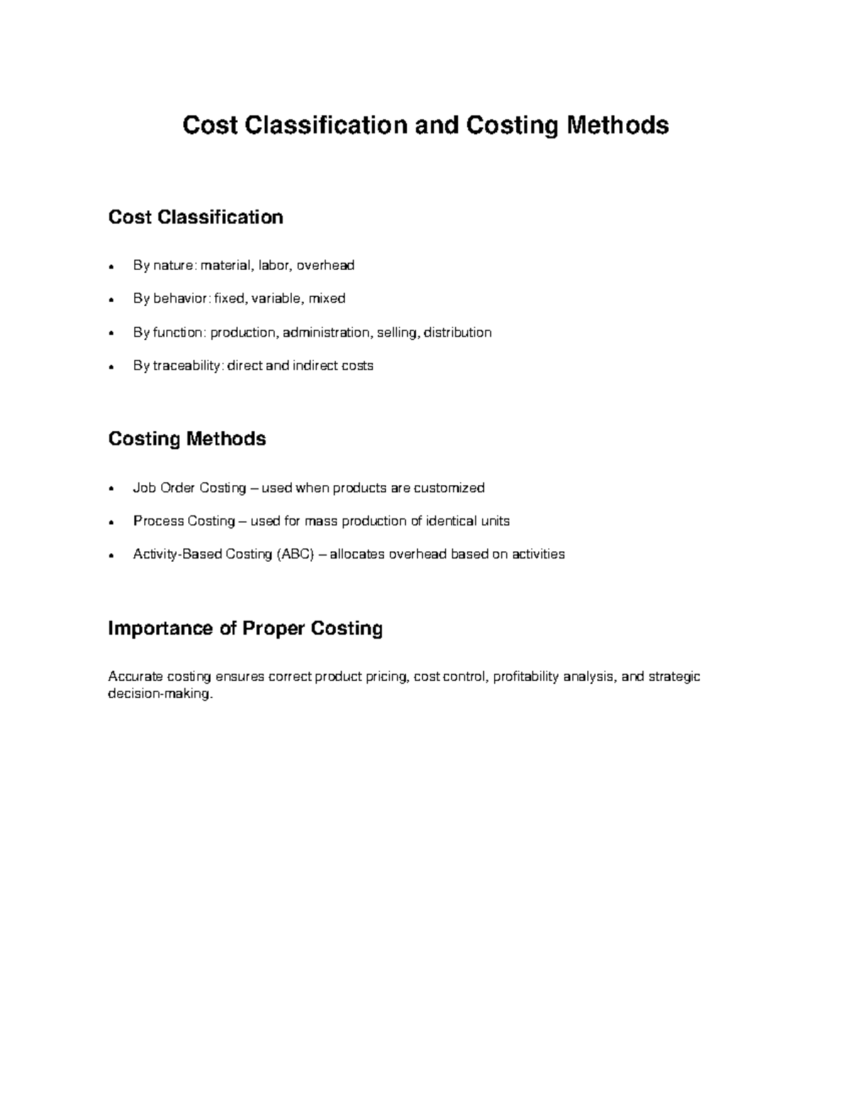Cost Classification and Costing Methods - Studocu