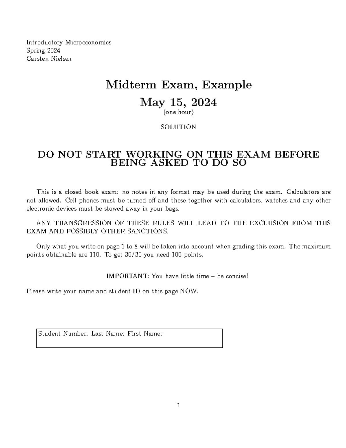 Introductory Microeconomics (ECON 101) Spring 2024 Midterm Exam ...
