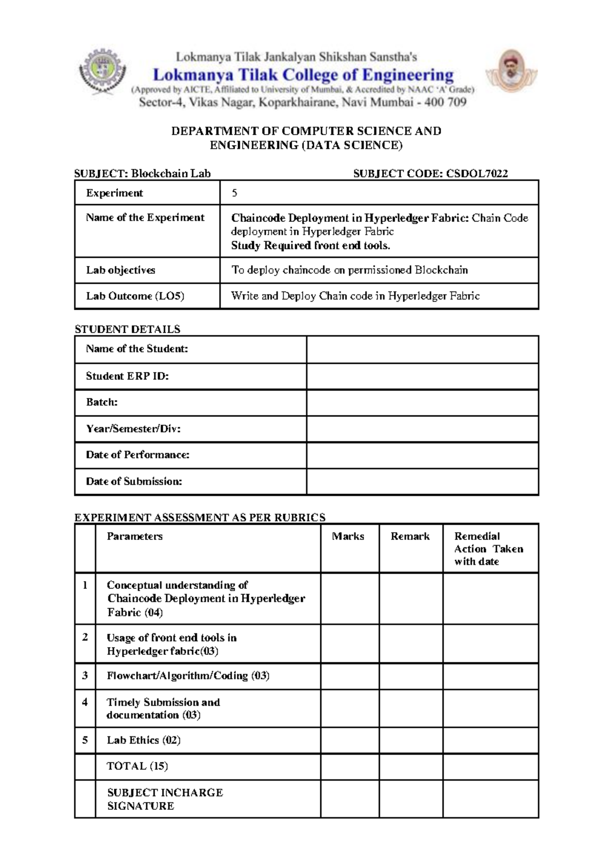 CSDOL - Lab Experiment 5: Chaincode Deployment in Hyperledger Fabric -  Studocu