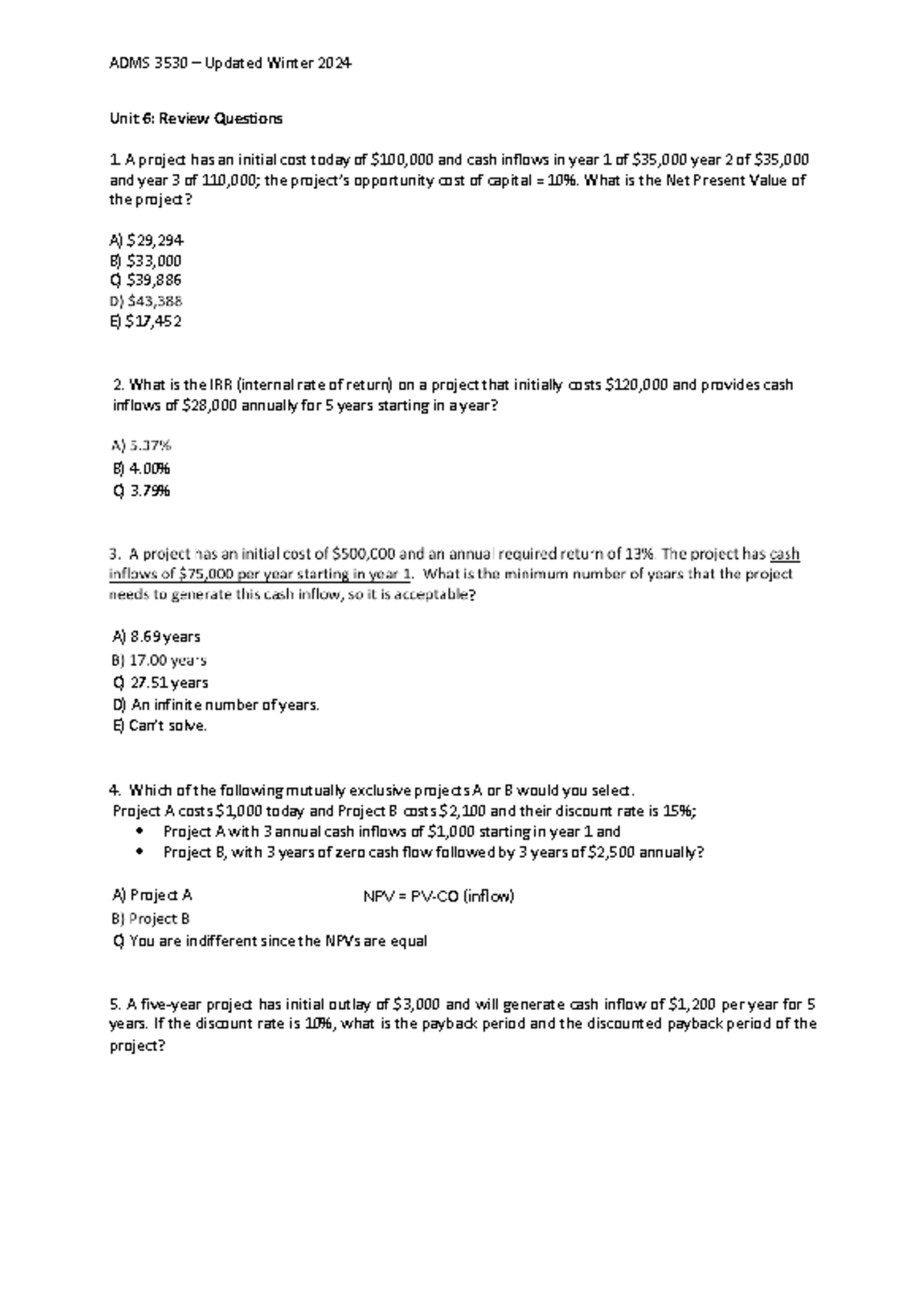 ADMS 3530 Winter 2024 Unit 6: Comprehensive Review Questions - Studocu