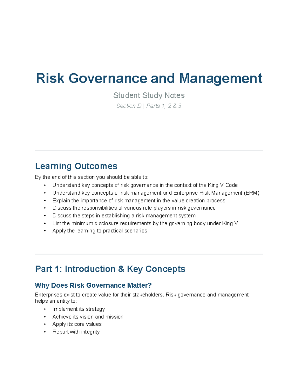 Risk Governance and Management Study Notes (Section D) - Studocu