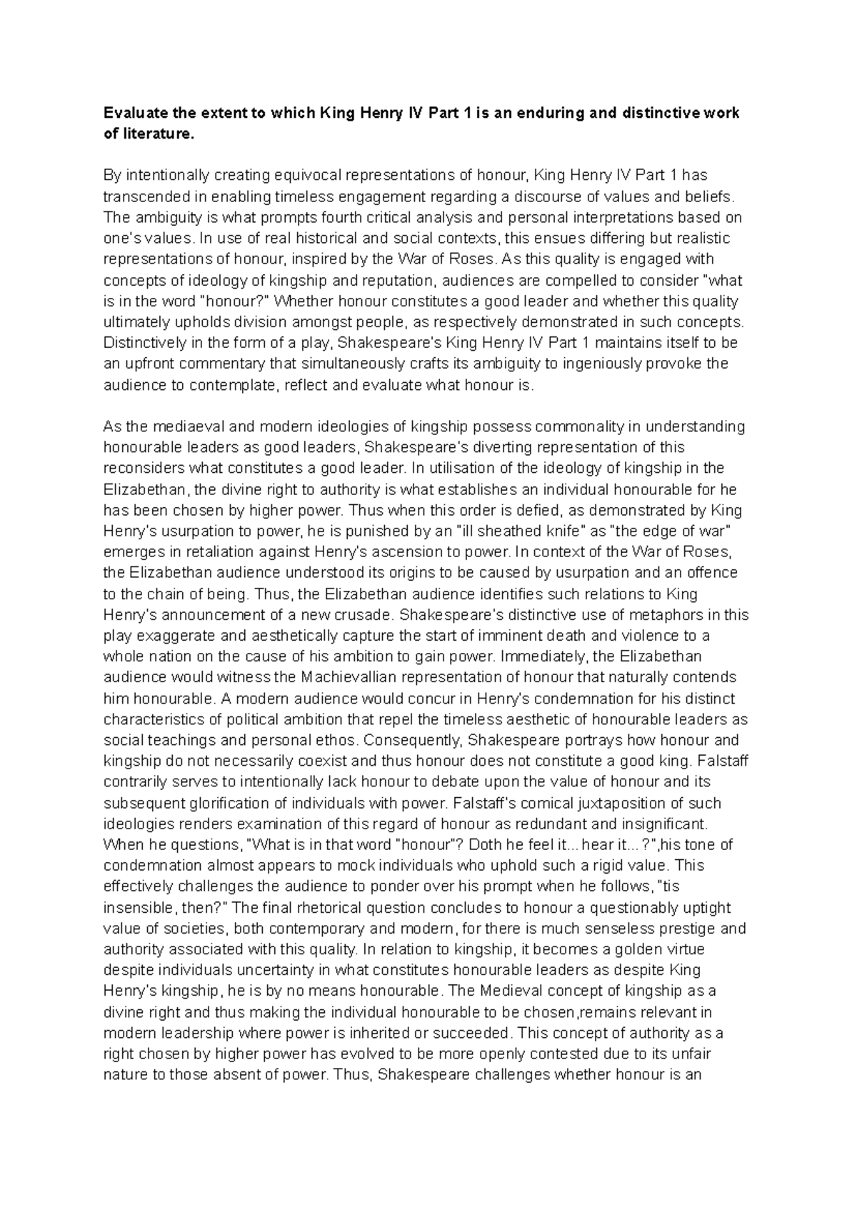 Fort Street Mod B - Essay on Honour and Kingship in King Henry IV Part ...