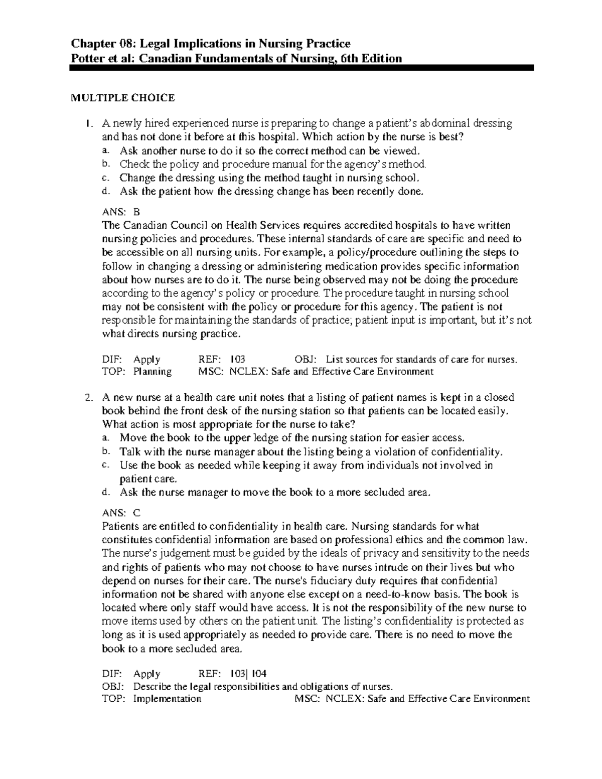 8 how to nurse - example questions - Chapter 08: Legal Implications in ...