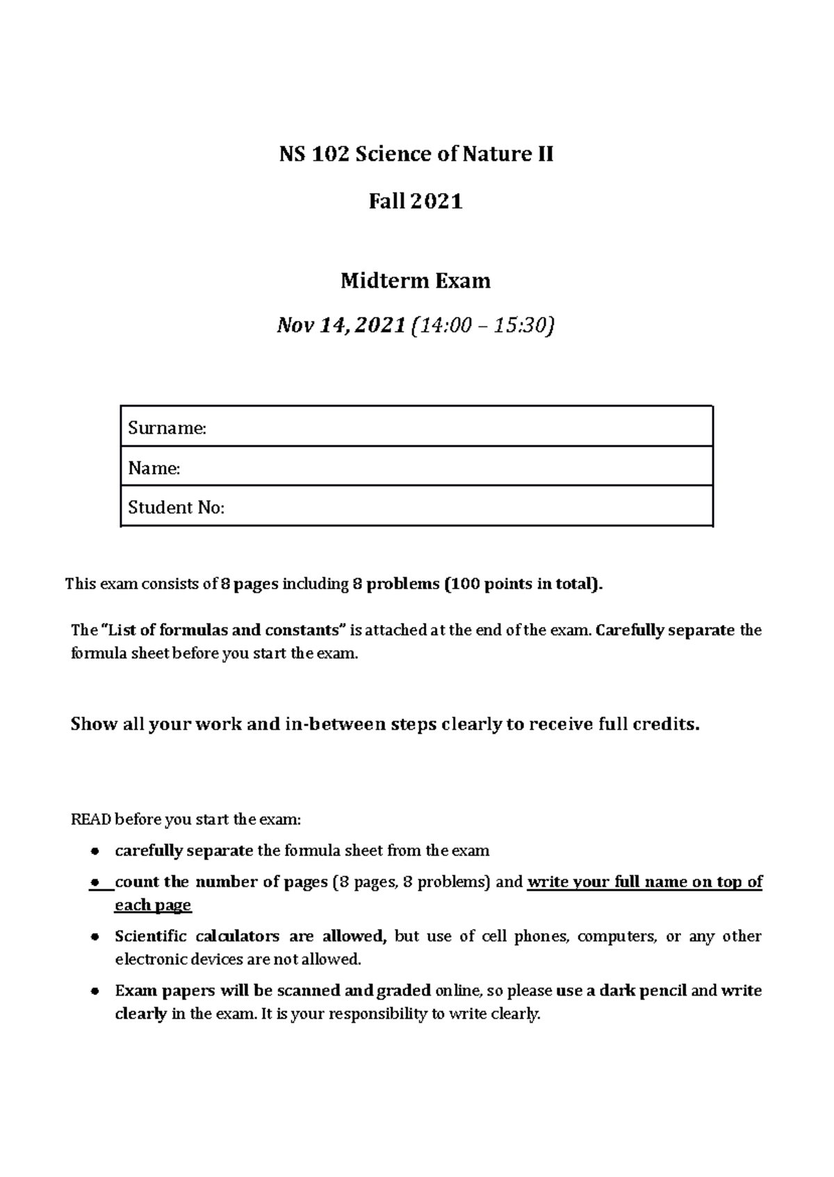 NS 102 Science of Nature II Fall 2021 Midterm Exam Guide - Studocu