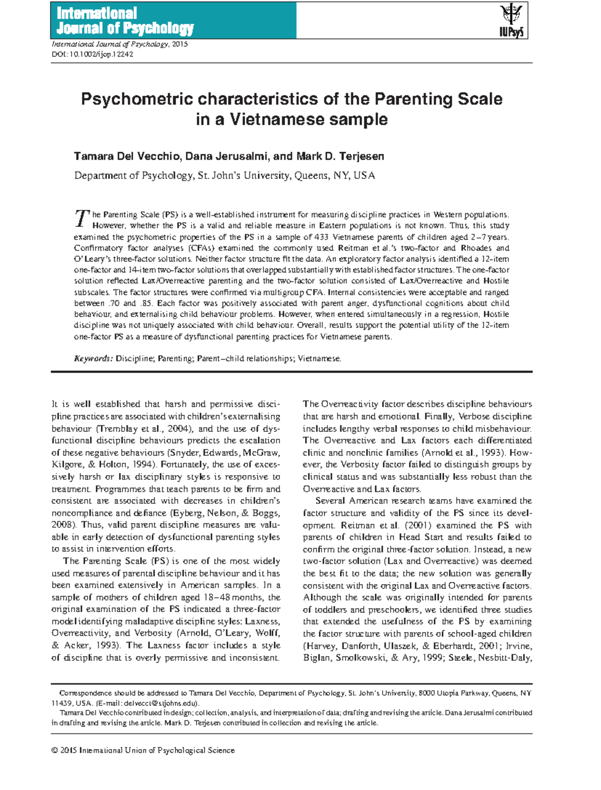 Delvecchio 2015 - Psychometric Evaluation of Parenting Scale in Vietnam ...