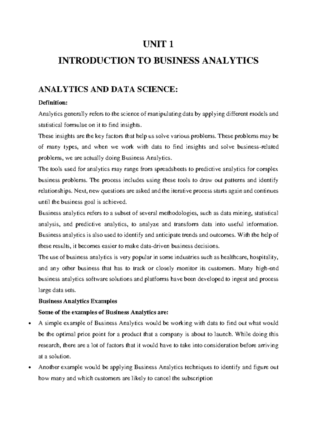 UNIT 1 - Introduction to Business Analytics Notes - Studocu