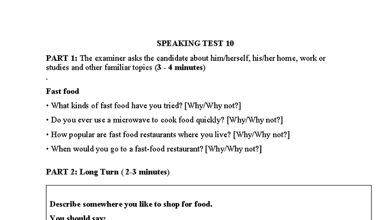 SPEAKING TEST: Practice Questions and Topics for Candidates - Studocu
