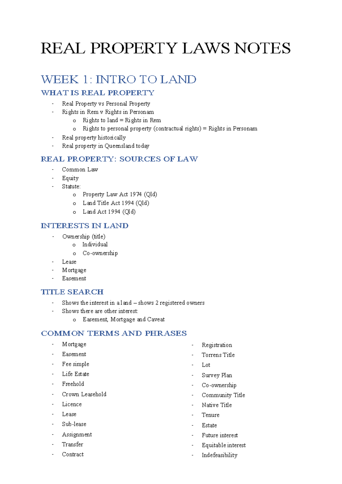 REAL PROPERTY LAWS NOTES (LAW101): WEEKS 1-3 OVERVIEW - Studocu