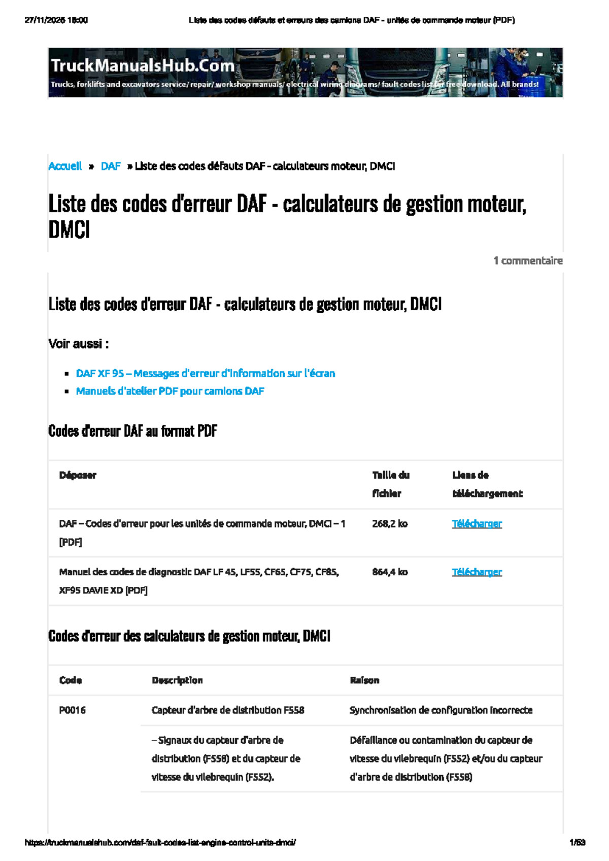 Liste des codes d'erreur DAF pour calculateurs moteur DMCI (PDF) - Studocu