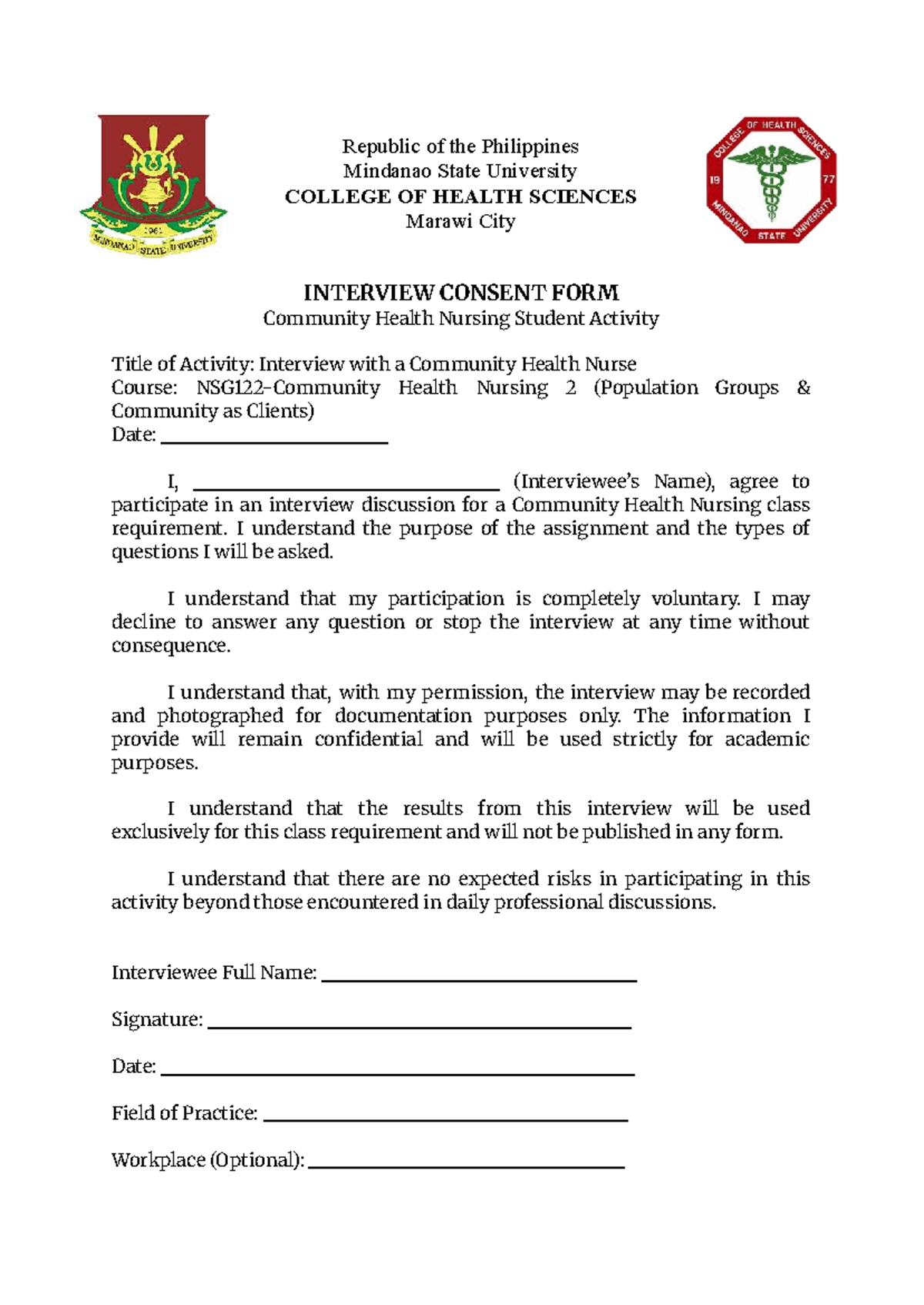 Health Nursing 2 Interview Informed Consent Form - Studocu