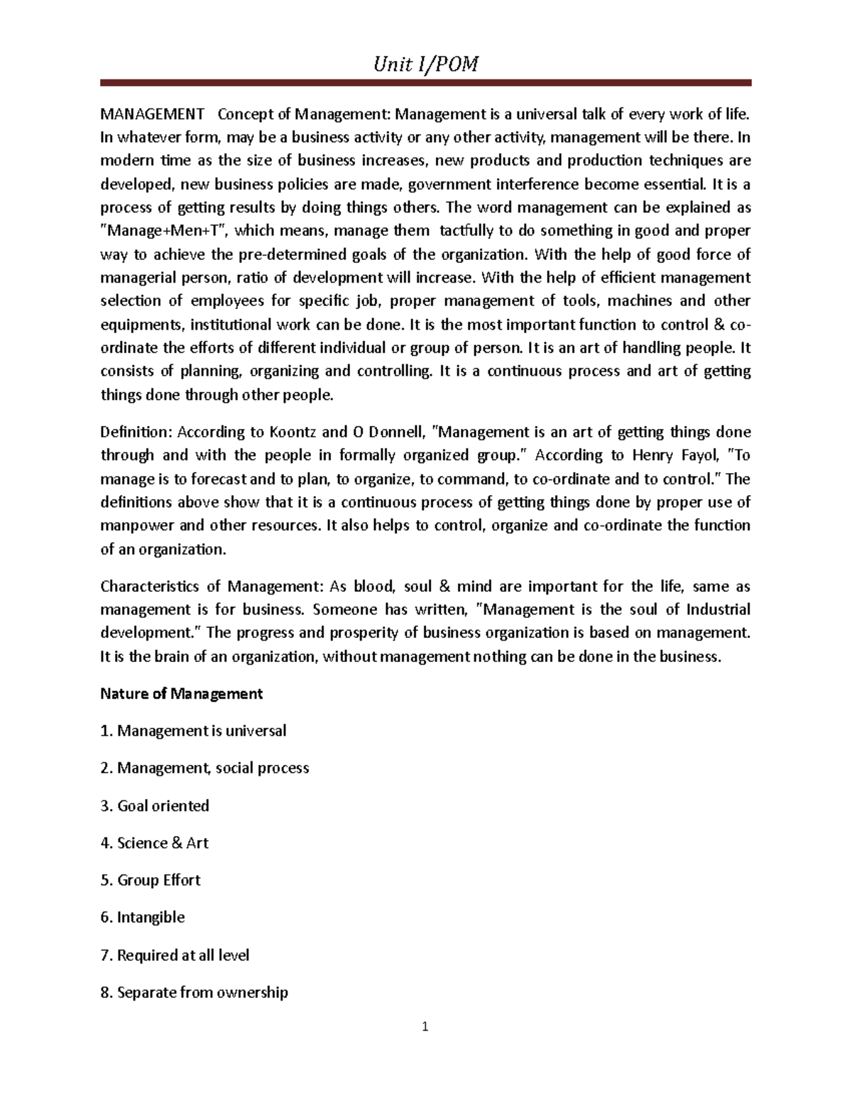 Principles of Management: Key Concepts & Functions - Unit 1 (POM) - Studocu