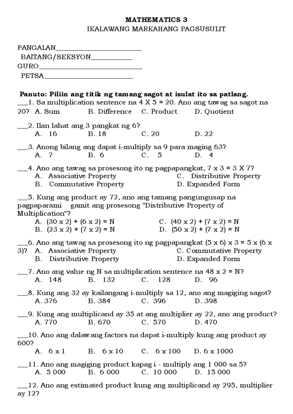 MATH 3 Q2 Periodical TEST: Multiplication & Division Concepts - Studocu