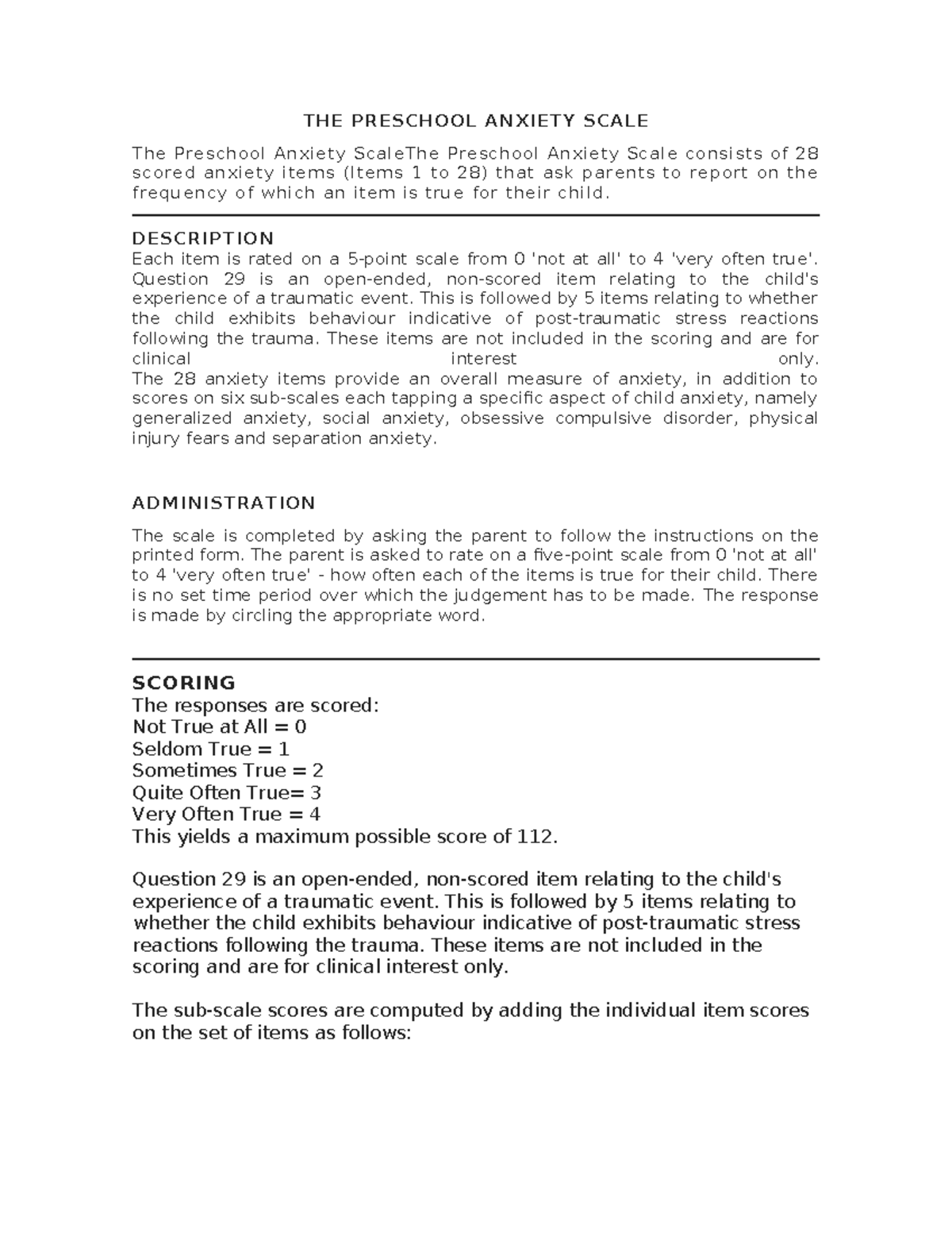 Preschool Anxiety Scale (PAS): Overview and Scoring Guide - Studocu