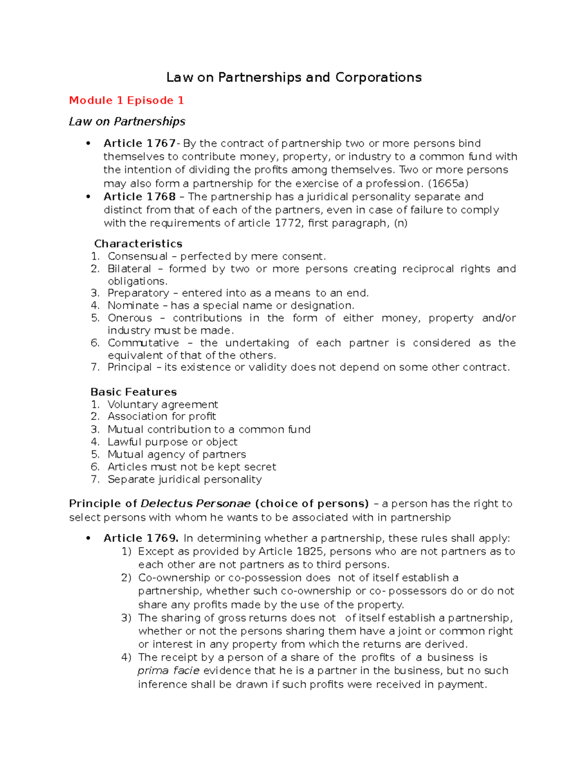 Law on Partnerships and Corporations (Module 1) - Overview and Key ...