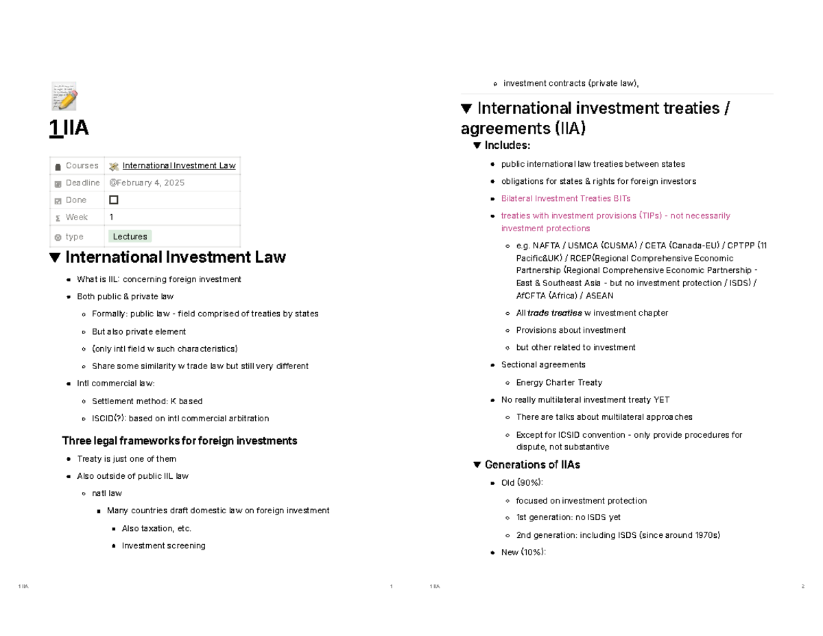 1 IIA - Week 1: Overview of International Investment Law and Treaties ...