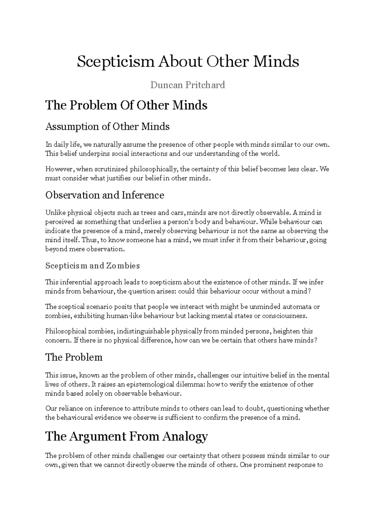 Exploring Scepticism About Other Minds: A Philosophical Inquiry - Studocu