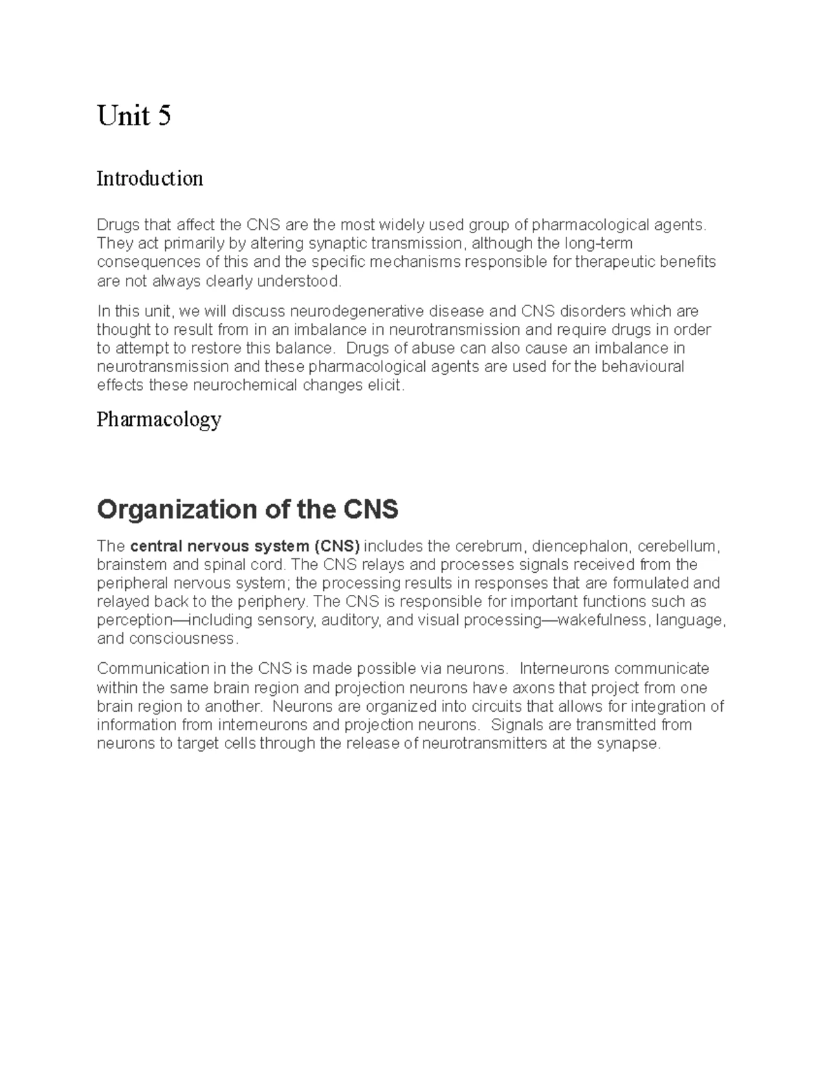 BIOM3090: Principles of pharmacology notes - unit 3 nervous system ...