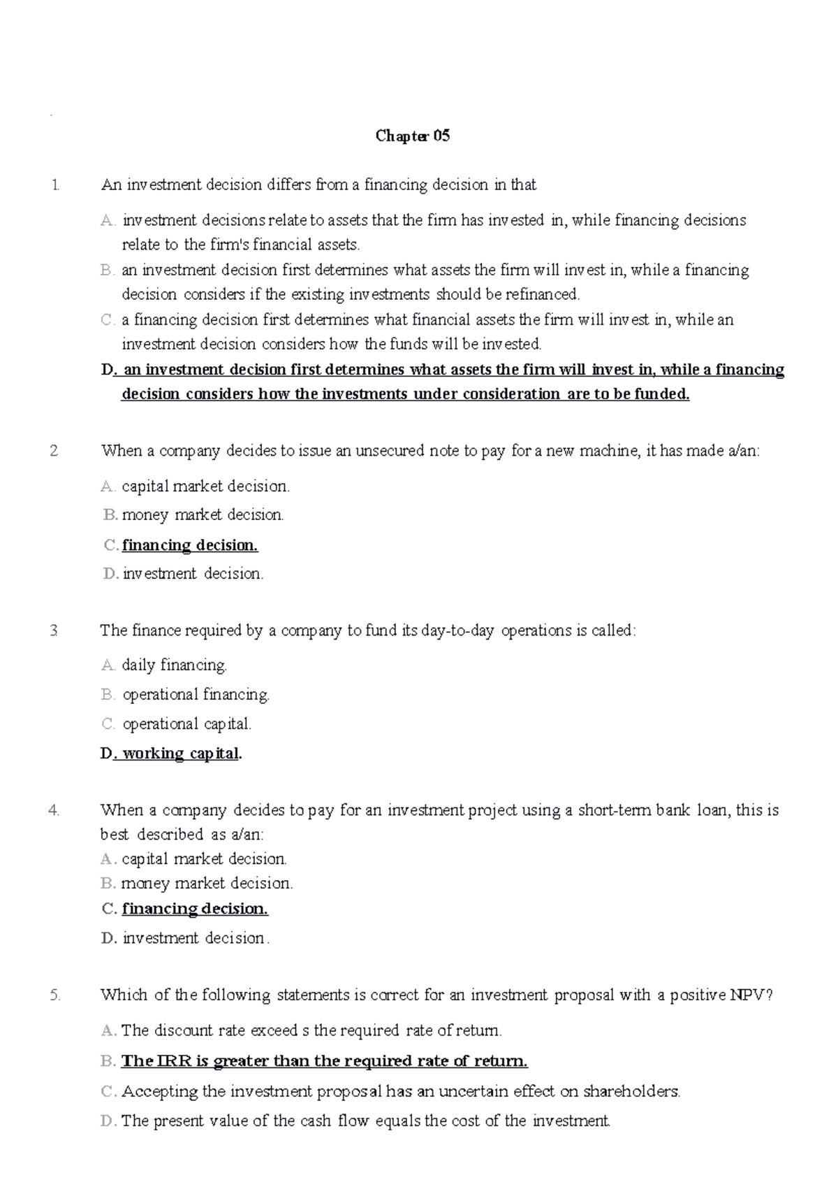 Chapter 5 Test Bank: Investment and Financing Decisions Concepts - Studocu