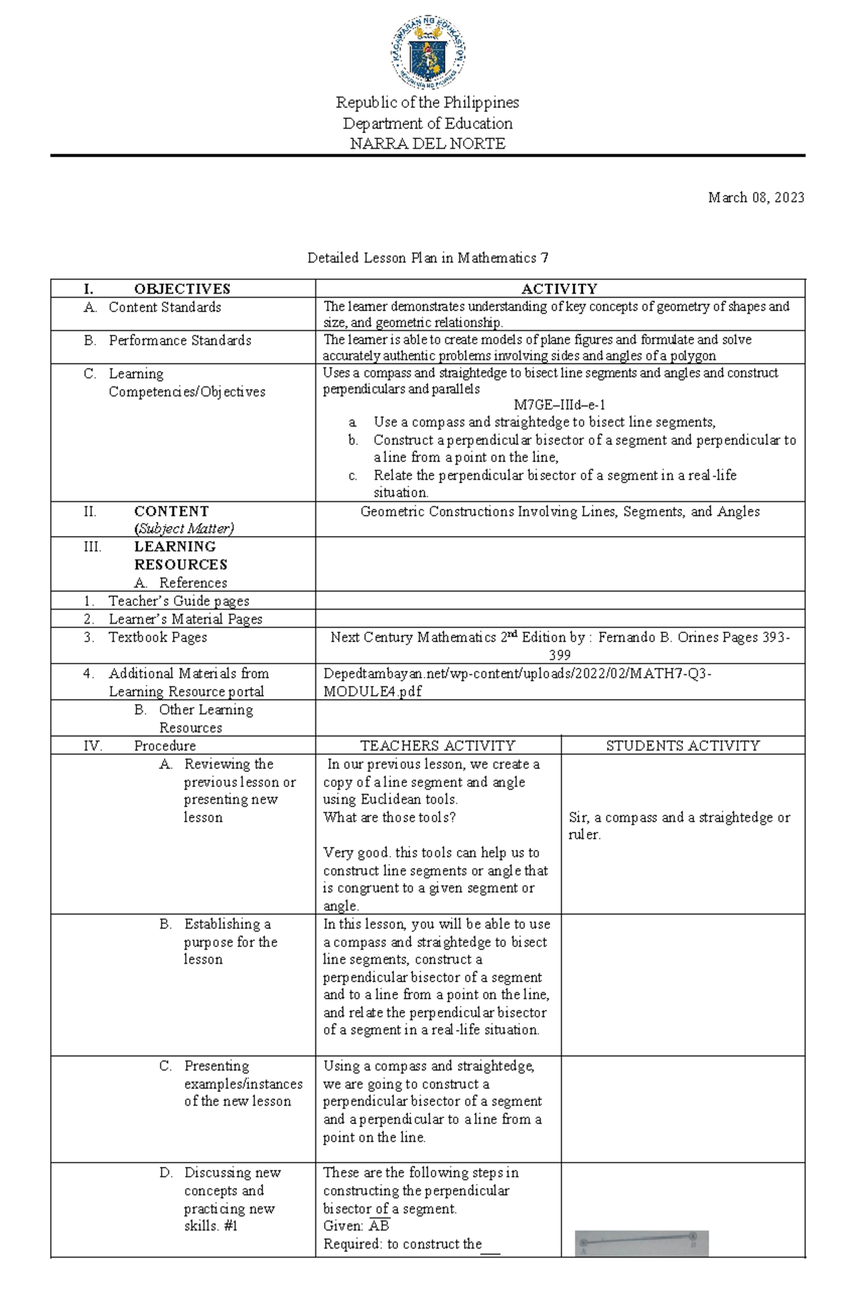 LP in Math 7 W4D3 - Lesson Plans for Grade 7 Third/ Fourth Quarter ...