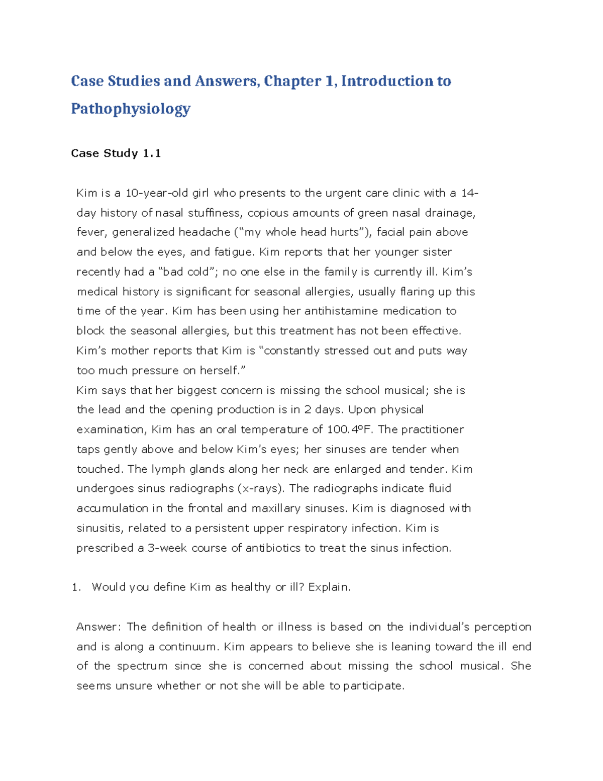 Case Studies and Answers: Pathophysiology, Chapter 1 Overview - Studocu
