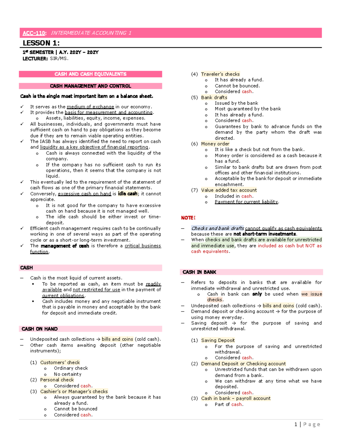 ACC-110 Intermediate Accounting 1: Cash and Cash Equivalents Notes ...