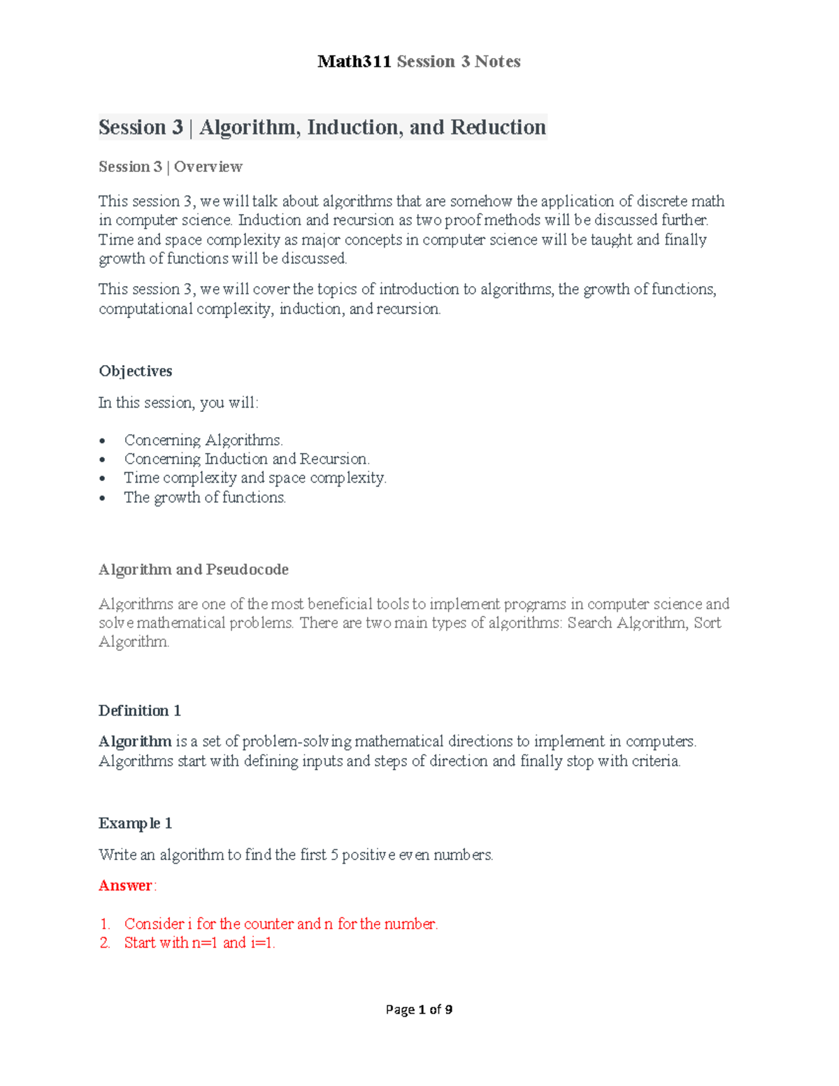 Math311 Session 3: Algorithms, Induction, and Complexity Notes ...