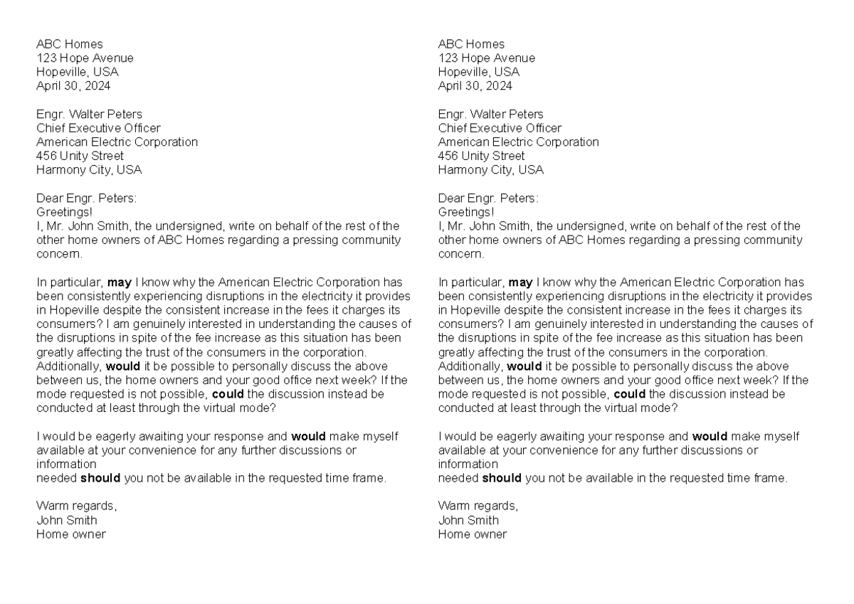 ABC Homes - Community Concern Letter to American Electric Corp. - Studocu