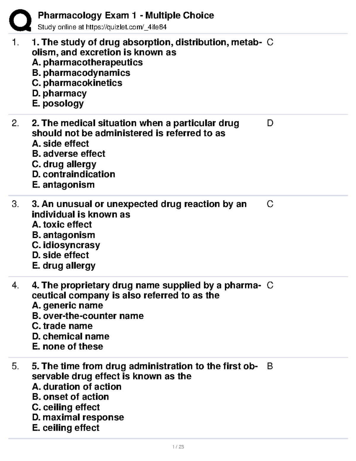 Pharmacology Exam 1 Q&A - Quizlet Study Guide - Studocu
