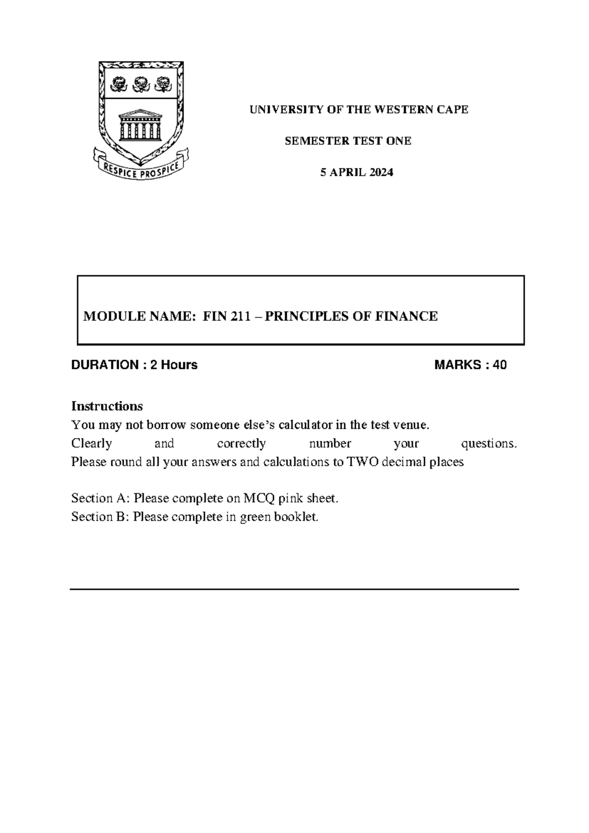 FIN 211 TT2 2024 Term Test Memo with MCQs and Solutions - Studocu