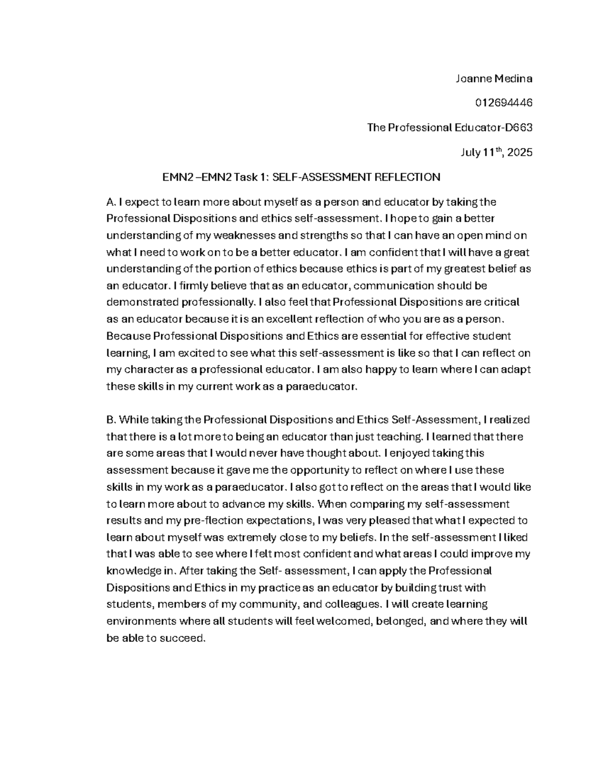 TASK 1 D663: Reflection on Professional Dispositions and Ethics - Studocu