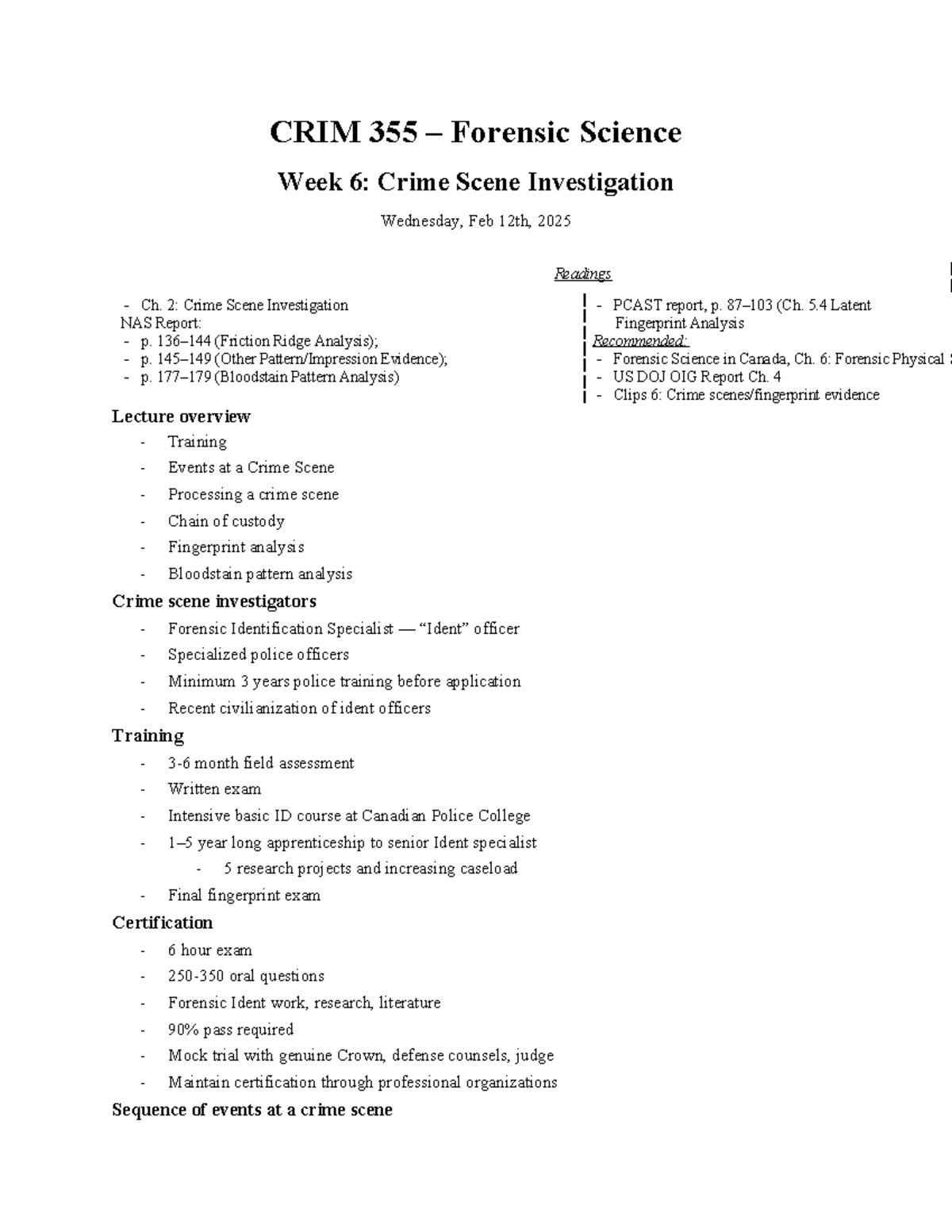 CRIM 355 Forensic Science Week 6: Crime Scene Investigation Overview ...