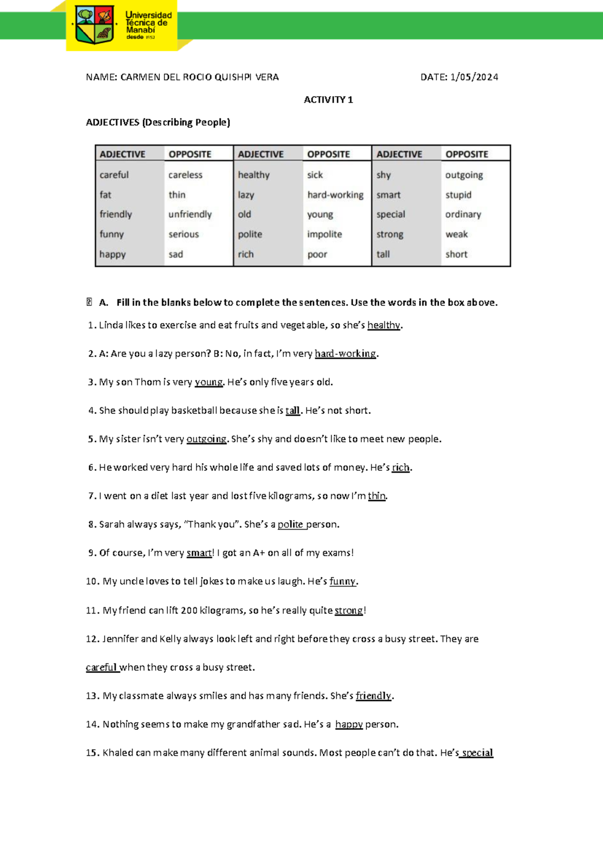 Activity 1: Adjectives Describing People - Carmen Quishpi VERA - Studocu