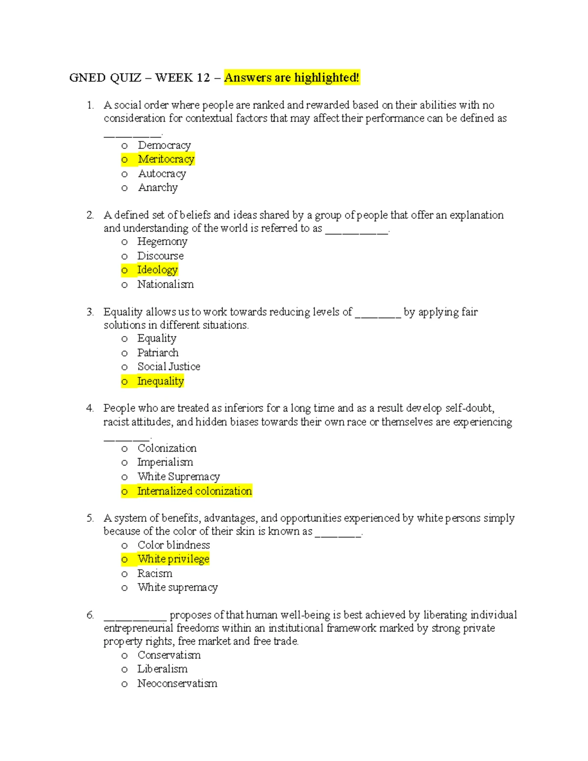 GNED 500 - Week 9 Quiz - Questions & Answers with Highlights - Studocu
