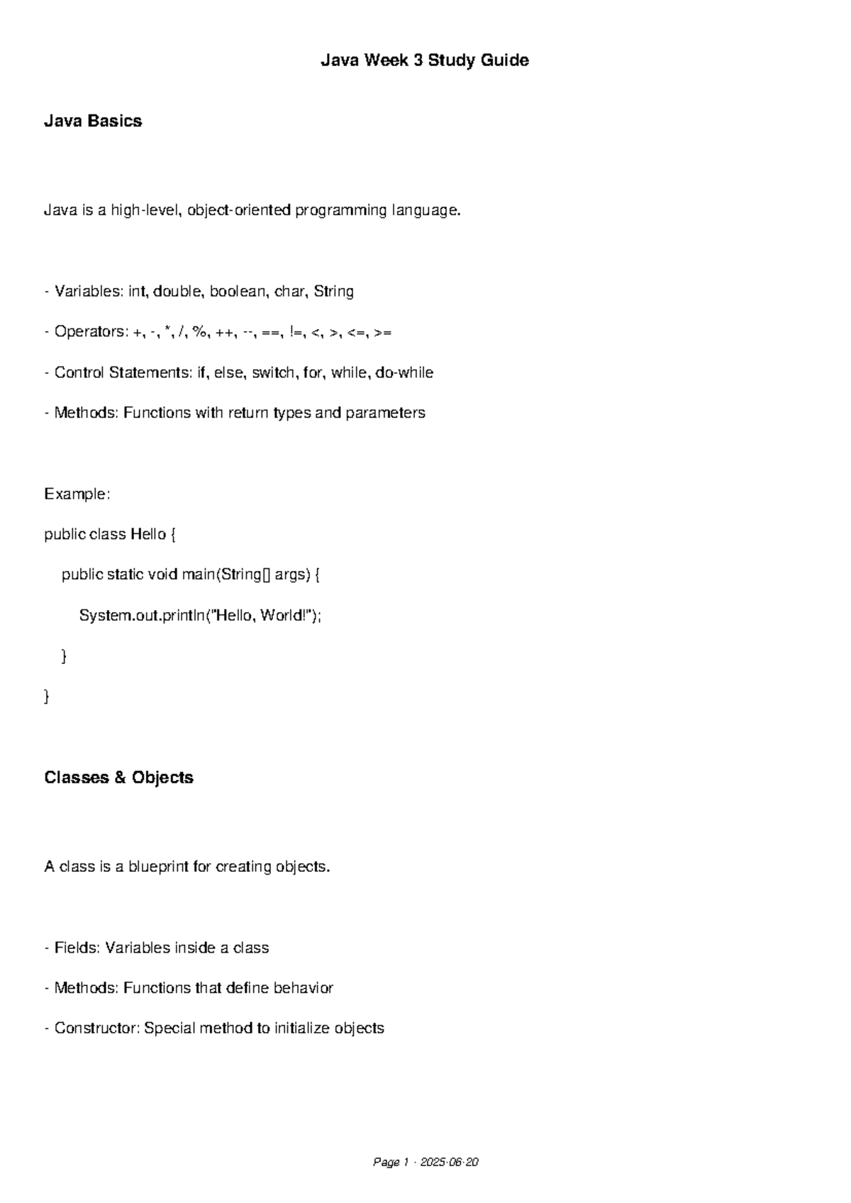 Java Week 3 Study Guide: Basics of Java Programming - Studocu